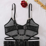 Toucheart Erotic Bodysuit Hollow See-through Mesh Design Binding Belt Body Shaping Seductive Luxurious Women Sexy Jumpsuit Set