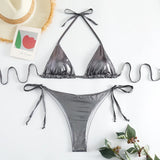 Sexy Shiny Pu Faux Leather Bikini 2025 Women Swimwear Female Swimsuit Two-pieces Bikini set String Bather Bathing Suit Swim Lady