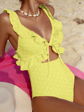 DEKA Girl Light Pink One Piece Swimsuit for Women High Waist Hollow Out Ruffle Suspender Backless Monokini Bikini Beach Swimwear