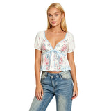 Womens Summer Crop Tops Puff Short Sleeve V Neck Floral Print T-shirts