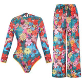 2026 Rash Guard Surfing Suit Plus Size Printed One-Piece Swimsuit Women Sun Protection Swimwear Bodysuit Beachwear with Pants