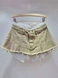 Women's Denim Skirt High Waist Pleated Patchwork Contrast Color Big Pockets Burrs A-line Mini Skirt 2026 Summer New SKIRTS 7W7E