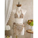 With Sarong Halter Printed Bikini Women Swimwear Female Swimsuit Padded Bather Bathing Suit Swim Three-pieces Bikini set K8073