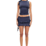 Women Summer Skirts Outfits Solid Color Tie-Up Sleeveless Tank Tops Ruffles Mini Skirts 2 Pieces Clothes Sets