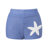 Women Slim Fit Stylish Decorative Starfish Ribbed Elastic Mid Rise Shorts Spring/Summer Holiday Beach Casual Knit Shorts