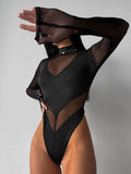 Ahagaga Sexy Mesh Women's Bodysuits See Through Skinny Turtleneck Solid Regular Long Sleeves Slim Fit Streetwear Rompers T Shirt