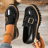 Fashion Buckle Patent Leather Loafers Women Plus Size 43 Round Toe Thick Heel Pumps Woman Thick Bottom Work Office Shoes Ladies