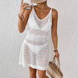 S - XL V Neck Hollow Out Crochet Knitted Tunic Beach Cover Up Cover-ups Beach Dress Mini Beach Wear Beachwear Female Women V7048