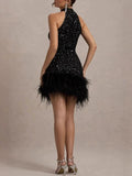 Elegant White Sequins Feather Hem Mini Dress Women Sexy Off Shoulder Slim Halter Dresses 2025 New Shiny Female Party Vestidos