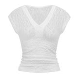 Women Summer Sheer Lace Tops Slim Fit V Neck Cap Sleeve Ruched Slim Crop Shirts Going Out Office Party Sexy T-shirt