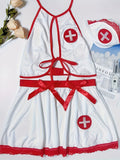 Women Sexy Cosplay Lingerie Naughty Nurse Uniform Exotic Costume Halter Cami Top & Bow Skirt & Thongs & Headwear Underwear