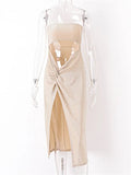 Women Sequin Sexy Dress Strapless Cut Out Bodycon High Slit Midi Dress Summer Evening Party Club Dresses Female Vestidos