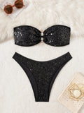 Shiny Sequin Bandeau Bikini Set 2026 Women Sexy Gold Front Circle Push Up Micro Swimsuit Bathing Suit Thong Swimwear Biquini