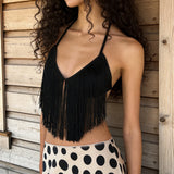 Women's Halter Neck Lingerie Bralette Elegant Solid Color Tassel Sleeveless V Neck Crop Tops for Dance Disco Club Daily Wear