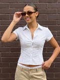 Women Button Down Slim Fit Striped Shirt Fashionable Summer Short Sleeve Turn Down Collar Tops for Casual Daily Wear
