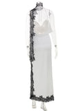 Ahagaga Fashion Women's Sets Satin Lacs Patchwork With Scarf 2Pcs (Tops+Skrit) Split Eelgant Summer Party Casual Female Suits