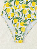 2026 New Yellow Fruit Print Bikini Suspender Backless Sexy One Piece Swimsuit High Waist Hollow Out Beach Vacation Bathing Suit