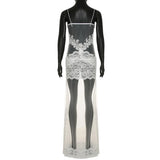 FDYOUI Sexy Lace Patchwork Mesh Long Dress Women Spaghetti Strap See-through Evening Party Dresses White Black Night Club Outfit