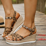 2025 Wedge Heel Leopard Print Sandals Women Fashion Crystal Flowers Thick Bottom Sandalias Mujer Cross Band Platform Sandles 43
