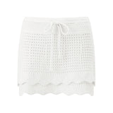Womens Crochet Knit Mini Skirt Casual Stylish Drawstring Low Rise Tiered Hem Short Skirt Summer Beach Holiday Boho Cover-ups