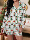 Womens Satin Christmas Pajamas Sets Print Button Up Long Sleeve Lapel V Neck Tops and Shorts Lounge Wear 2 Pieces Suits