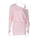 Woman Clothes Diagonal Collar Long Sleeve Package Hip Short Dress Streetwear Black Pink High Waist Tunics Slim Party Dresses