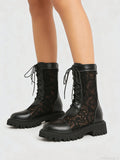 2026 New Big Size 45 Chic Black Lace Mesh Summer Boots Women Round Toe Square Heels Shoelace Zip-up Mid-calf Boots Shoes