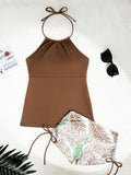 2026 Women's Bikini 2-piece Swimwear Tankini Set Sexy Halter Black Bathing Suit  Floral Print Drawstring High Waist Swimsuit