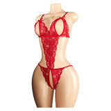 Sexy Red Crotchless Lingerie Open Back Bras BodySuits Transparent Erotic Costumes Deep V  Sexy Lace Fishnet Hollow Underwear Set