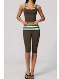 New Fake Two-piece Yoga Sets Women Striped Shock-absorbing Slim Sports Tank Top Fitness Suit Gym High Waist Mid Pants Tracksuit