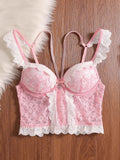 MOYISU Rhinestone Lace Corset Bra Set Pink Halter Bustier Slim-Fit Waist Trainer Sexy Lingerie for Women Party Wedding Outerwear
