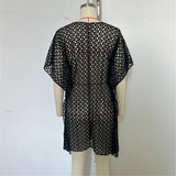 2025 V Neck Short Sleeve Hollow Out Knitted Tunic Beach Cover Up Cover-ups Beach Dress Beach Wear Beachwear Female Women K6535