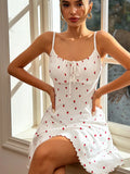 Women Cherry Print Camisole Nightgown, Summer Sleeveless Sleep Dress with Bow Front, Adjustable Straps, Ruffle Hem Home