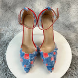 New Denim Fashion Denim color blocking  Sandals High Gladiator Heels Ladies Office Shoes  Plus Big Size45-46 12cm slim heel
