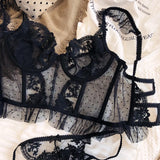 French Sexy Lingerie Set Women Ultra Thin See Through Embroidery Lace Bra & Thong Push Up Underwear Shaping Camisole Set MOYISU