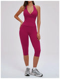 2PCS Workout Set Women Yoga Sets V Neck Cross Slim Sports Tank Top Athletic Wear Outdoor Tight High Waist Leggings Fitness Suits
