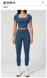 2PC Color Contrast Yoga Suit Women Short Sleeve Square Collar Slim Sports Top Fitness Suits Outdoor Exercise Leggings Tracksuit