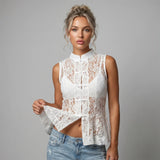 2026 Summer Women's Retro Lace Tops Elegant Mandarin Collar Chinese Frog Buttons Peplum Sleeveless Vest Blouses