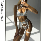 Toucheart Sexy Lingerie Set Lace Patchwork Embroidery Bra Set For Women Perspective Sexy Hanging Neck Underwear Garter Stockings