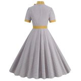 Retro Women's Plaid Dress Stand Neck Short Sleeve Cotton Dresses Lace Up Bow Tie Pleated Swing Vestidos Vintage Court Dresses