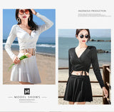 Split Swimsuit Women's Two-piece Solid Color Skirt Style Fairy Style Long Sleeved Sunscreen Sports Flat Pants Swimsuit