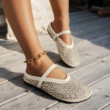 Mesh Breathable Rhinestone Fashion Versatile Women's New Foreign Style Niche Belt Flat Soft Soled Mary Jane Shoes Womens Shoes