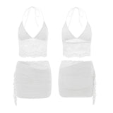 Women Lace Flower 2 Piece Sets Sleeveless Corset Cami Tops + Cut Out Tie-up Mini Skirts Sets Sexy Streewear