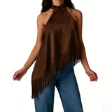 Women's Summer Solid Color Satin Halter Mock Neck Tops Sleeveless Tassel Hem Loose Fit Tank Tops