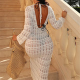 2025 Hollow Out Long Sleeve Backless Knitted Tunic Beach Cover Up Cover-ups Beach Dress Beach Wear Beachwear Female Women K6597