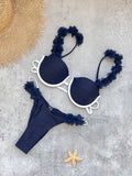 Sexy Women Swimsuit Summer Set Solid Color Pixel Style Lace Trim Tank Top Biquini Low Waist Slim Fit Two-Piece Bikini Swimwear