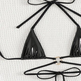 Sexy Metallic Black Halter String Micro Mini Bikinis Sets Two Piece Backless Swimwear Swimsuit Women Biquini Thong Bathing Suits