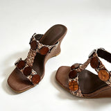 Boho Raffia Comfortable 8cm High Heels Wedge Slide Mules T-Strap Vacation Beach Straw Heels Espadrille Wedge Sandals Women Shoes