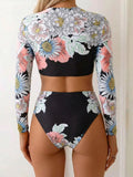 Vintage Black Floral Print Bikini Set 2026 Women Long Sleeve O Neck Top High Waist Swimsuit Beach Holiday Bathing Suit Swimwear
