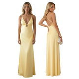 Summer Women's Satin Long Dress Spaghetti Strap Sleeveless V Neck Cutout Slim Fit Elegant Dress for Party Evening Solid Color